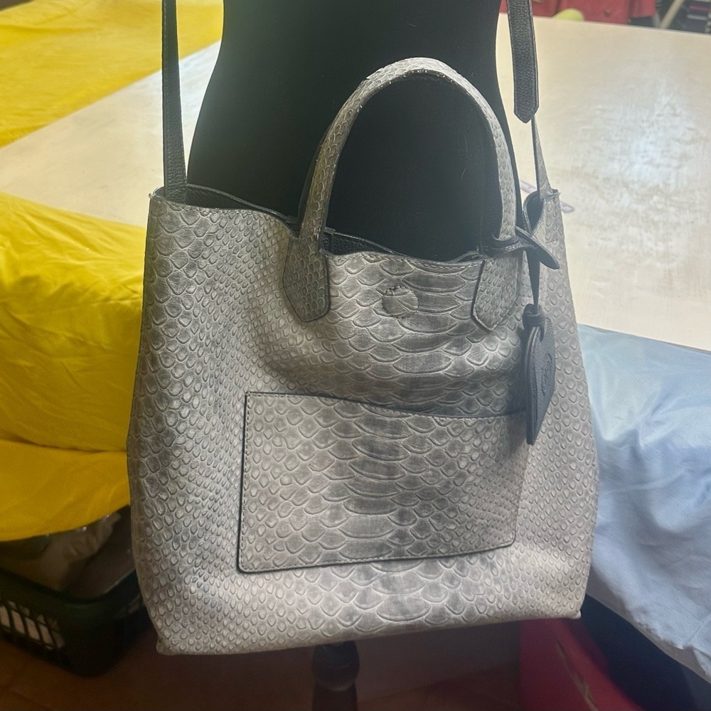 London Fog Reversible Tote Bag Black Pebbled Gray Snakeskin Large Shoulder Bag